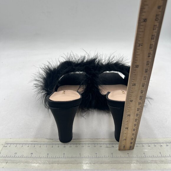 XYD Black Block Heel Mules Faux-fur Open Square Toe High Heel Slides Sandals - Picture 5 of 8